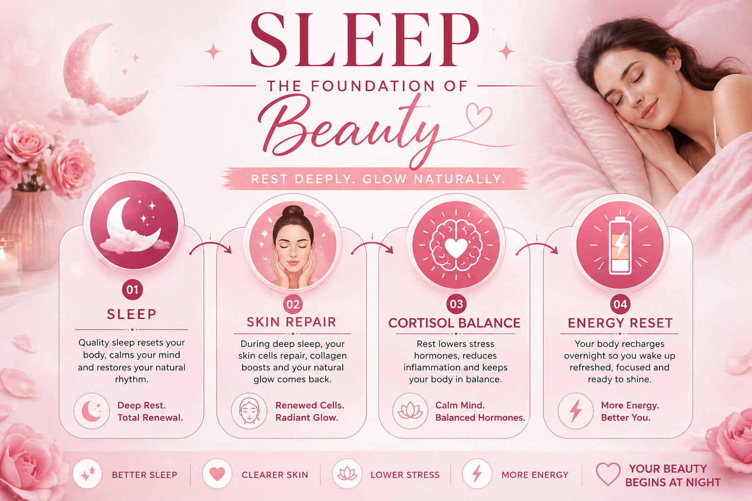 Beauty sleep foundation infographic for skin repair hormones mood and energy