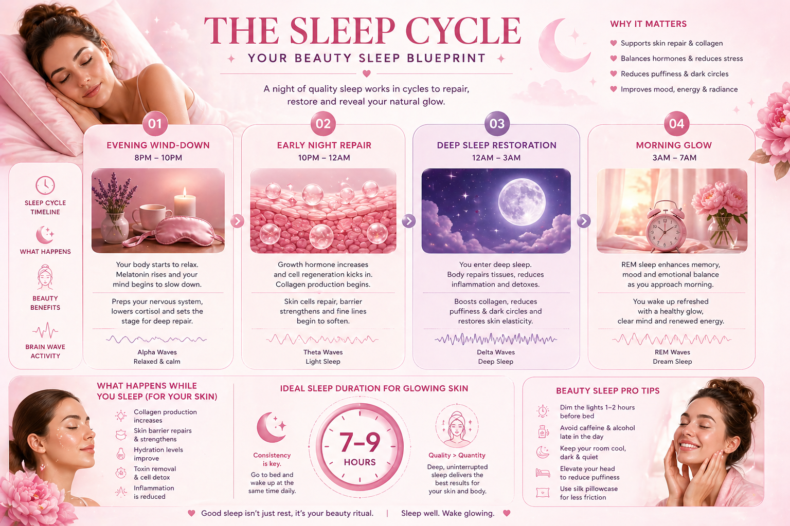 Beauty sleep cycle infographic showing deep sleep REM sleep and overnight skin repair