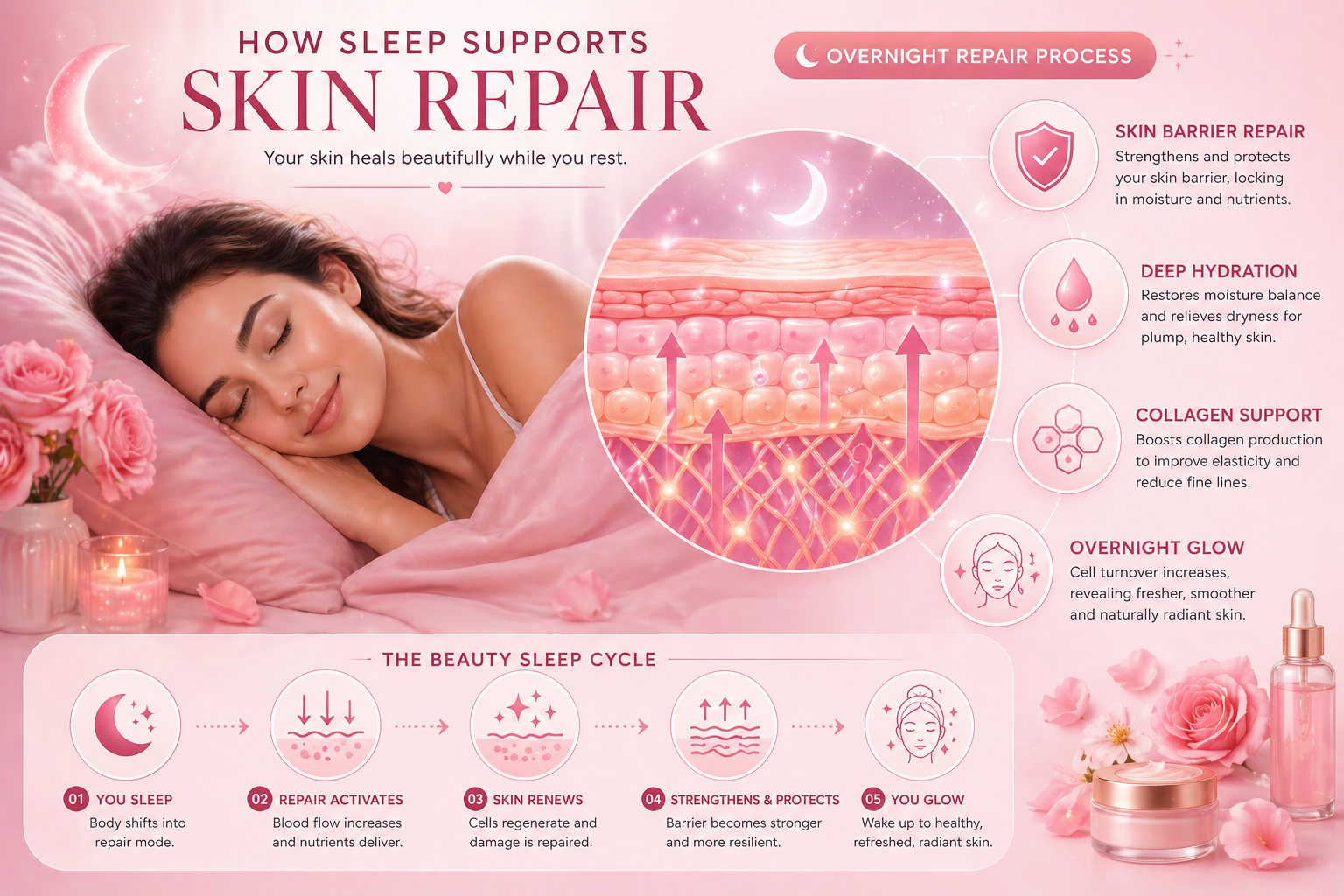 Sleep and skin repair infographic showing overnight glow and skin barrier recovery