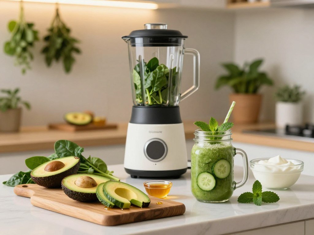 A beautiful kitchen countertop displaying a vibrant array of fresh ingredients and simple recipes for glowing skin. In the foreground, a wooden cutting board with sliced avocados, honey, and a small bowl of yogurt. The middle features a softly lit space with a stylish, modern blender and a mason jar filled with a green smoothie made of spinach, cucumber, and mint. The background has warm, inviting lighting, with herbs hanging on the wall and soft-focus plants in pots, creating a tranquil atmosphere. Capture the essence of health and wellness, evoking a peaceful mood that emphasizes rejuvenation and relaxation. Use a natural, bright color palette, ensuring clarity and focus on the ingredients and preparation tools.