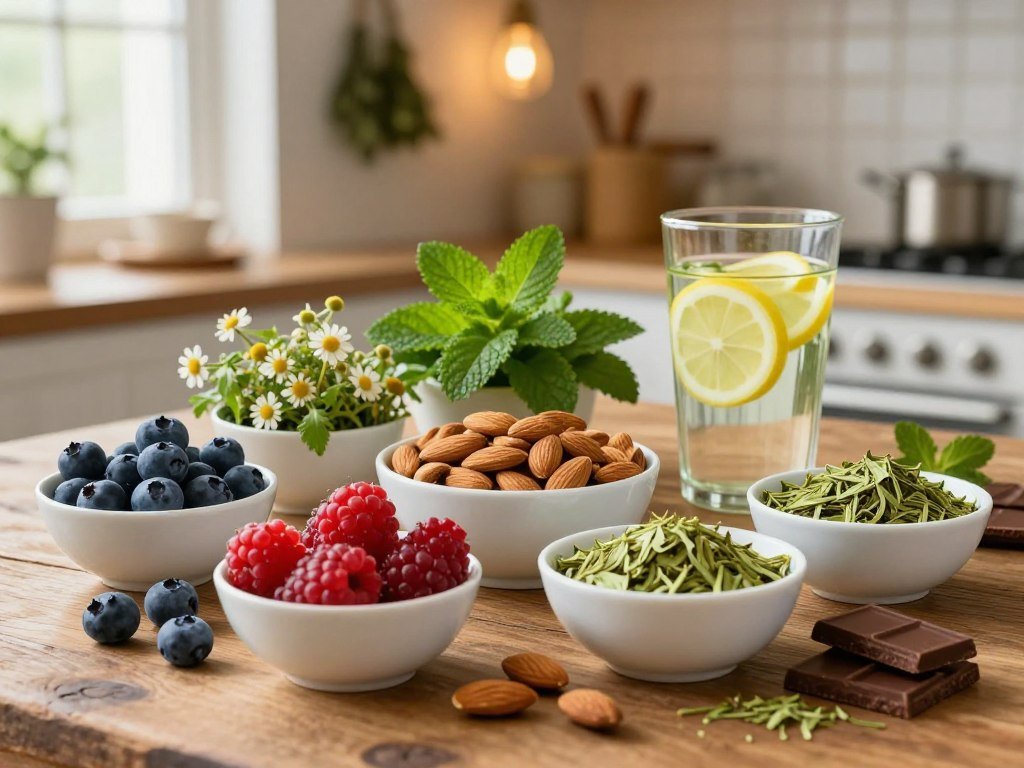A beautiful spread of health-promoting snacks arranged attractively on a rustic wooden table. In the foreground, vibrant bowls showcasing stunning ingredients such as fresh berries, almonds, green tea, and dark chocolate, each carefully placed for visual appeal. The middle layers include herbal plants like mint and chamomile, complemented by a glass of infused water with lemon slices and cucumber. In the background, softly blurred kitchen elements, like hanging dried herbs and a warm, glowing lighting from a nearby window, adding a cozy atmosphere. The image captures a serene and inviting mood, ideal for encouraging beauty-enhancing habits. Use soft, natural light to highlight the freshness of the ingredients, creating a warm, inviting scene that promotes health and wellness.