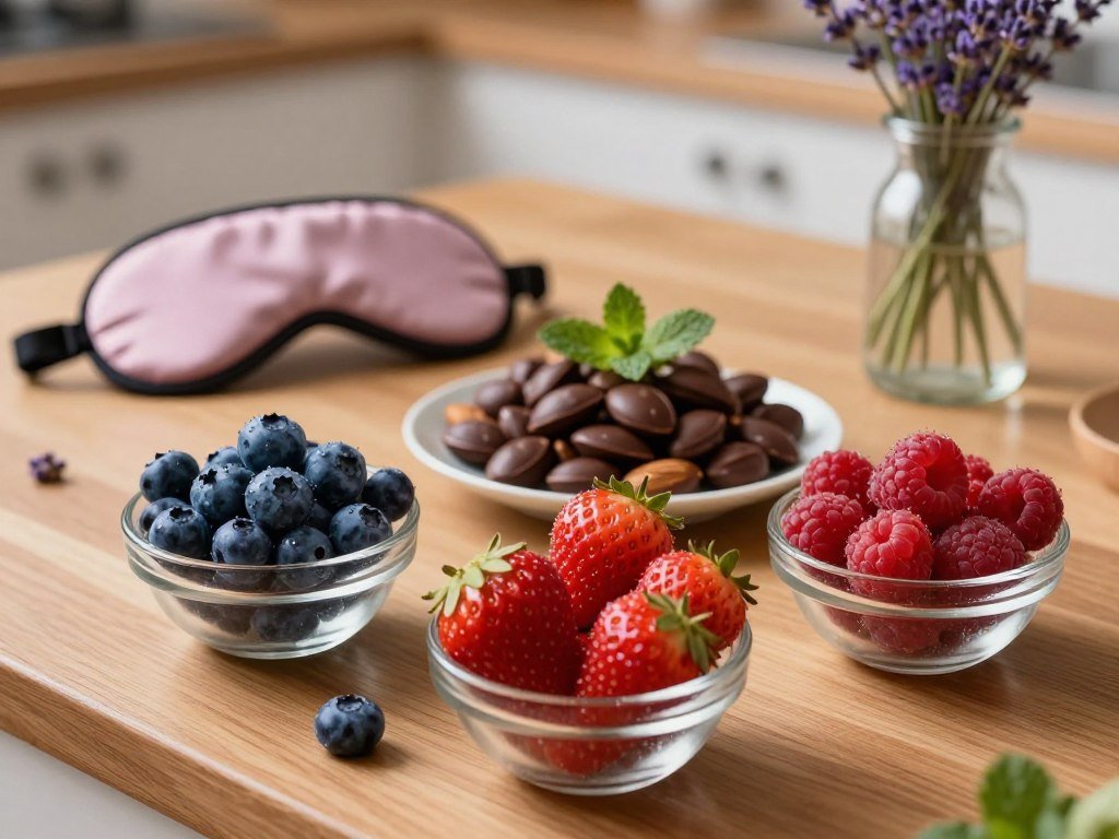A beautifully arranged display of vibrant, beauty-enhancing snacks on a wooden kitchen table. In the foreground, showcase a variety of colorful berries—blueberries, strawberries, and raspberries—artistically placed in small glass bowls, glistening with a dew effect. In the middle ground, include a plate of dark chocolate-covered almonds and a few fresh mint leaves, adding a touch of green. The background features soft-focus elements, such as a silk sleep mask and a calming lavender bouquet in a glass vase. The scene is softly lit with warm, inviting lighting, invoking a tranquil evening atmosphere. Capture the image from a slightly elevated angle to provide a cozy, intimate feel while emphasizing the snacks’ textures and colors, creating a serene mood that aligns with the theme of beauty and relaxation.