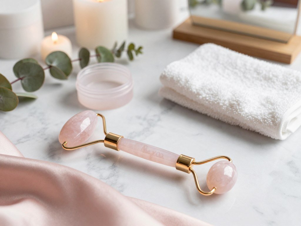 A beautifully arranged flat lay featuring a rose quartz roller, with a focus on common mistakes to avoid during its use. In the foreground, a well-designed, elegant rose quartz roller rests on a soft, pale pink silk cloth, showcasing its smooth surface. Beside it, there are items representing common mistakes, such as an empty skincare product container, a used facial towel, and an improperly placed jade roller, subtly highlighting what to avoid. In the middle, a softly lit marble countertop adds depth and sophistication to the scene, while delicate eucalyptus sprigs and small candles create a calming atmosphere. The background features a gentle blur of a neatly organized vanity, ensuring the focus remains on the roller and the tips. Soft natural light filters through, illuminating the scene with a serene and inviting glow.
