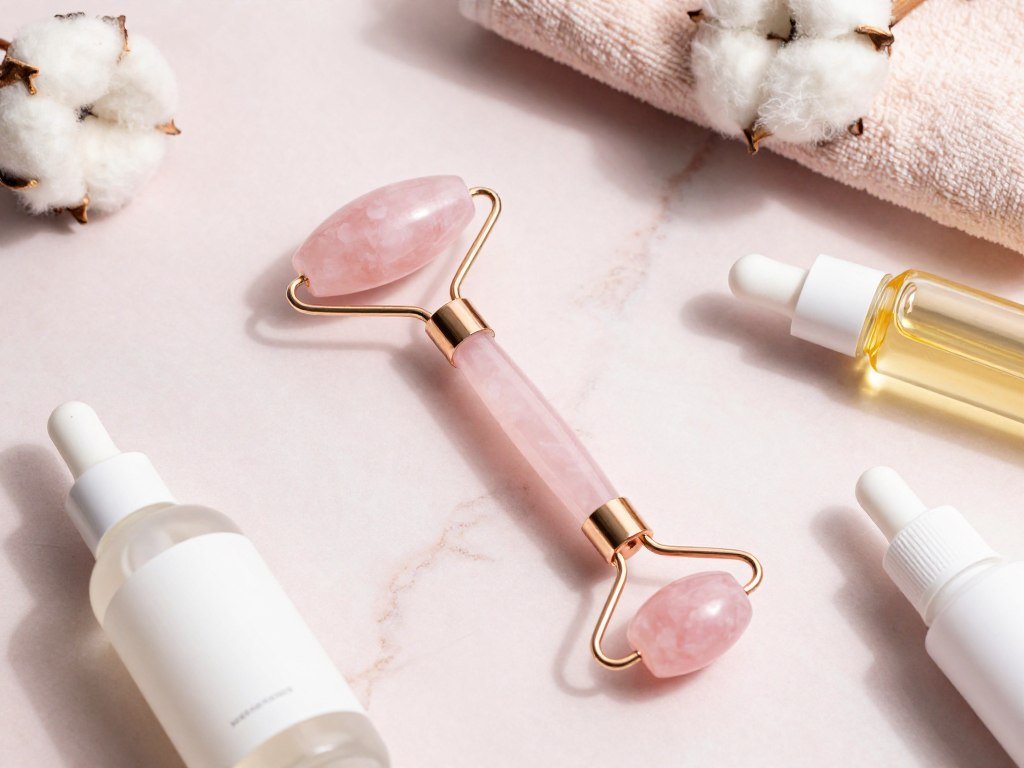 A beautifully arranged flat lay focusing on a high-quality rose quartz roller, elegantly placed on a soft, pale pink marble background. The roller is glistening with a hint of natural light reflecting off its smooth surface, highlighting its delicate pink hues. Surrounding the roller are various skin care products in chic, minimalist packaging, such as facial serums and oils, adding an organized, aesthetic touch. In the background, a soft-focus, pastel-hued cotton towel and delicate flowers create a serene atmosphere, evoking feelings of calm and self-care. The lighting is bright yet warm, creating an inviting and tranquil mood, perfect for illustrating the concept of choosing the right rose quartz roller for skincare rituals. Ideal shooting angle: top-down view, with a gentle blur to emphasize the main subject.