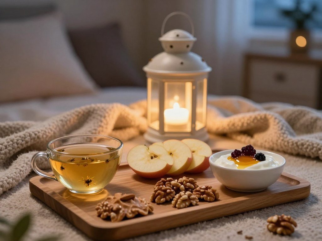 A beautifully arranged selection of healthy evening snacks suitable for promoting better sleep, featuring a wooden serving board. In the foreground, there are small bowls containing soothing herbal chamomile tea, sliced apples with almond butter, a handful of walnuts, and a small dish of yogurt topped with honey and berries. In the middle ground, a softly glowing lantern creates a warm ambiance, surrounded by a cozy blanket draped elegantly. The background is softly blurred to suggest a calm, inviting living room setting with soft pillows and a faint silhouette of a tranquil night sky. The lighting is warm and inviting, emphasizing relaxation. Capture this scene from a slightly above angle to enhance the appealing presentation of the snacks while evoking a peaceful, restful mood.