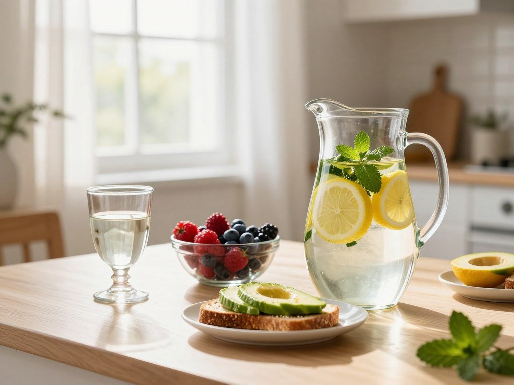 A bright and airy kitchen scene in the morning, showcasing a beautifully arranged breakfast table. In the foreground, a clear glass pitcher filled with infused water featuring slices of lemon, cucumber, and fresh mint sits next to elegant drinking glasses, emphasizing hydration. In the middle ground, a colorful bowl of mixed berries and a small plate of whole-grain toast with avocado highlight nutritious choices. The background features a sunlit window with sheer curtains gently billowing, casting soft, warm light across the table. The overall atmosphere is serene and inviting, conveying freshness and vitality, with a focus on natural elements that suggest wellness and energy. The image captures the essence of starting the day with refreshing hydration to boost metabolism, emphasizing clarity and balance. A bright and airy kitchen scene in the morning, showcasing a beautifully arranged breakfast table. In the foreground, a clear glass pitcher filled with infused water featuring slices of lemon, cucumber, and fresh mint sits next to elegant drinking glasses, emphasizing hydration. In the middle ground, a colorful bowl of mixed berries and a small plate of whole-grain toast with avocado highlight nutritious choices. The background features a sunlit window with sheer curtains gently billowing, casting soft, warm light across the table. The overall atmosphere is serene and inviting, conveying freshness and vitality, with a focus on natural elements that suggest wellness and energy. The image captures the essence of starting the day with refreshing hydration to boost metabolism, emphasizing clarity and balance.