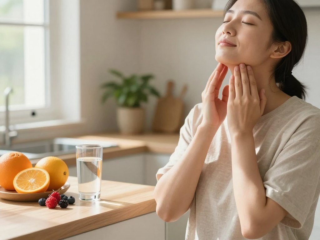A serene and calming scene showcasing techniques for alleviating jaw tension, featuring a well-lit kitchen setting. In the foreground, a person dressed in comfortable, modest casual clothing is gently massaging their jaw with both hands, eyes closed, displaying a relaxed expression. On the kitchen counter, there are fresh, colorful fruits like oranges and berries, alongside a glass of water, symbolizing hydration and nutrition. The middle ground features a small potted plant and a soft yoga mat, hinting at mindfulness and relaxation practices. The background has soft, natural light streaming through a window, casting gentle shadows and creating a tranquil ambiance. The overall mood is peaceful and reassuring, inviting viewers to explore the importance of hydration and nutrition in muscle health for alleviating jaw tension.
