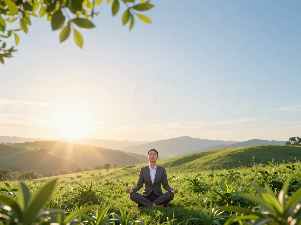 A serene and harmonious landscape portraying the concept of hormonal balance, featuring a tranquil sunrise over a gentle hillside. In the foreground, illustrate a meditative figure in professional business attire, practicing deep breathing, surrounded by lush green plants that symbolize vitality. In the middle ground, ethereal beams of sunlight filter through the leaves, casting soft, warm light that enhances the sense of peace and harmony. In the background, include subtle, abstract representations of the circadian rhythm—like clock motifs integrated into the natural scenery. Use a wide-angle lens to capture the expanse of the scene, emphasizing depth and tranquility. Aim for a calming color palette of soft blues, greens, and warm yellows, evoking a sense of balance and well-being. The overall atmosphere should feel peaceful and uplifting, inviting the viewer into a state of relaxation and clarity. A serene and harmonious landscape portraying the concept of hormonal balance, featuring a tranquil sunrise over a gentle hillside. In the foreground, illustrate a meditative figure in professional business attire, practicing deep breathing, surrounded by lush green plants that symbolize vitality. In the middle ground, ethereal beams of sunlight filter through the leaves, casting soft, warm light that enhances the sense of peace and harmony. In the background, include subtle, abstract representations of the circadian rhythm—like clock motifs integrated into the natural scenery. Use a wide-angle lens to capture the expanse of the scene, emphasizing depth and tranquility. Aim for a calming color palette of soft blues, greens, and warm yellows, evoking a sense of balance and well-being. The overall atmosphere should feel peaceful and uplifting, inviting the viewer into a state of relaxation and clarity.