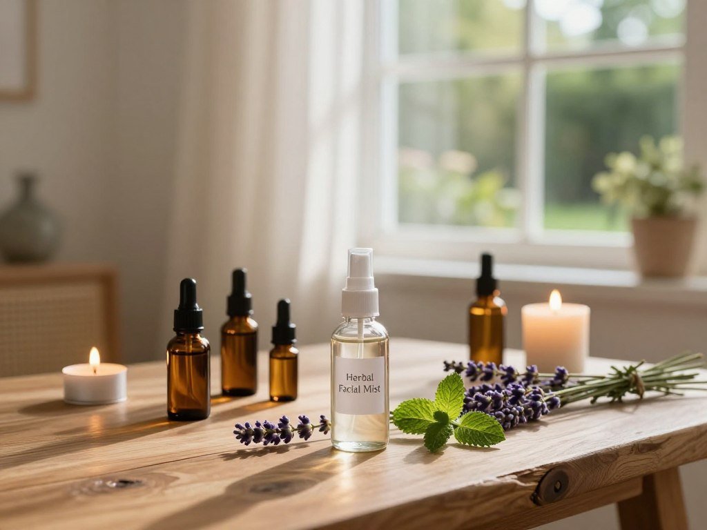 A serene and inviting aromatherapy scene, featuring a rustic wooden table adorned with a variety of essential oil bottles, softly reflecting light. In the foreground, a delicate glass spray bottle labeled "Herbal Facial Mist" is surrounded by fresh sprigs of lavender and mint, offering tranquility. The middle ground showcases a calm, minimalist room with gentle sunlight streaming through sheer curtains, casting a warm glow. Aromatic candles flicker softly, adding to the soothing ambiance. In the background, a window reveals a lush garden, enhancing the feeling of relaxation and connection with nature. The overall mood is tranquil and revitalizing, embodying the essence of stress relief through scent. The lighting is soft, creating a calming atmosphere with a shallow depth of field, focusing on the essential oils and mist.