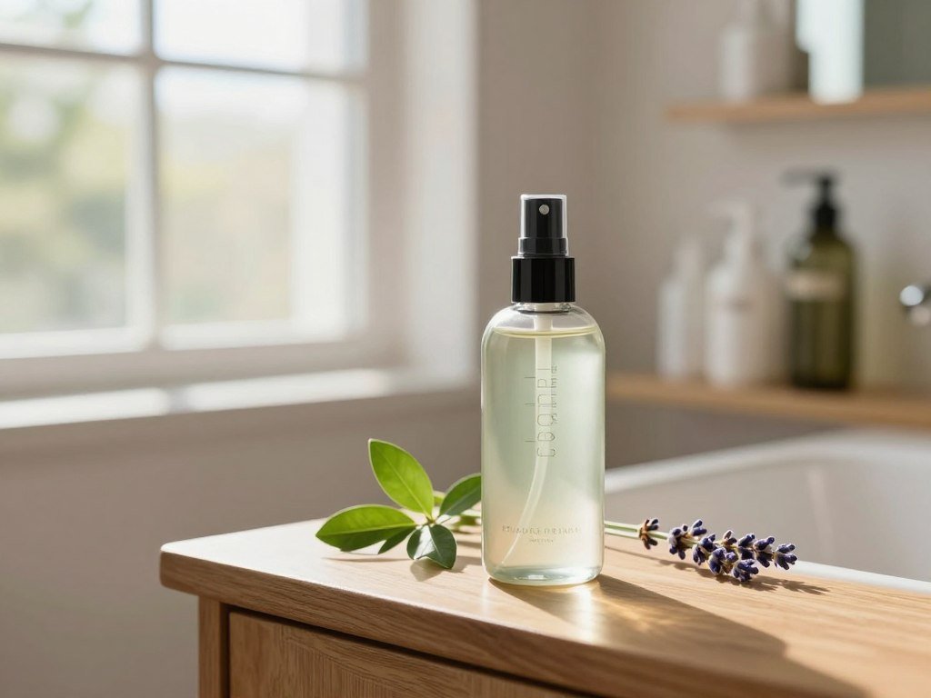 A serene and inviting bathroom setting with natural light streaming through a large window, creating a warm and calming atmosphere. In the foreground, a modern, elegant glass bottle of herbal facial mist is artistically placed on a wooden vanity, adorned with fresh green leaves and a few lavender sprigs nearby. In the background, a gently blurred shelf displays various skincare products, hinting at a curated collection. The scene captures soft reflections and highlights, emphasizing the purity and refreshing nature of the facial mist. The overall mood is tranquil, suggesting a moment of self-care and rejuvenation, perfect for invigorating the skin and soothing the mind.