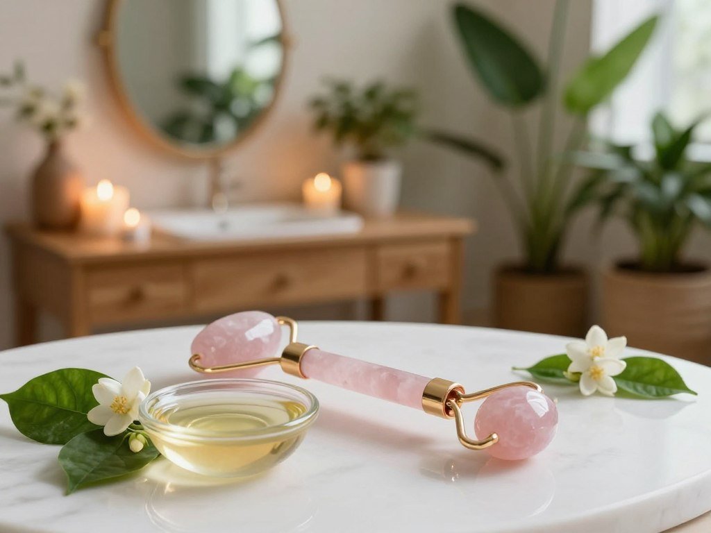 A serene and tranquil setting showcasing a rose quartz roller ritual. In the foreground, a beautiful rose quartz roller lies on a white marble surface, glistening gently. Next to it, a small dish filled with organic face oil, adorned with fresh green leaves and jasmine flowers, adds a natural touch. In the middle ground, a softly lit room features a wooden vanity adorned with an elegant mirror and candles casting a warm golden glow. The background is filled with lush potted plants, creating a sense of tranquility and well-being. The atmosphere is peaceful and rejuvenating, reflecting a spa-like environment. Use soft, natural lighting to enhance the calming effect, captured from a slightly elevated angle to capture the entire setup harmoniously.