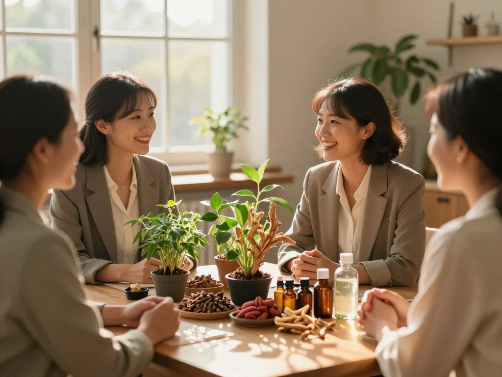 A serene and uplifting scene depicting the concept of natural hormone support. In the foreground, a diverse group of three women in professional business attire is engaged in a joyful conversation, celebrating their progress. In the middle, a table filled with vibrant herbal plants like ashwagandha and maca root, along with essential oils, symbolizes natural remedies. The background features a softly lit room with large windows allowing warm, golden sunlight to pour in, casting gentle shadows. The overall atmosphere is warm and supportive, with a focus on empowerment and well-being. Use a shallow depth of field to keep the focus on the women and the herbal elements, creating an inviting and inspiring environment. A serene and uplifting scene depicting the concept of natural hormone support. In the foreground, a diverse group of three women in professional business attire is engaged in a joyful conversation, celebrating their progress. In the middle, a table filled with vibrant herbal plants like ashwagandha and maca root, along with essential oils, symbolizes natural remedies. The background features a softly lit room with large windows allowing warm, golden sunlight to pour in, casting gentle shadows. The overall atmosphere is warm and supportive, with a focus on empowerment and well-being. Use a shallow depth of field to keep the focus on the women and the herbal elements, creating an inviting and inspiring environment.