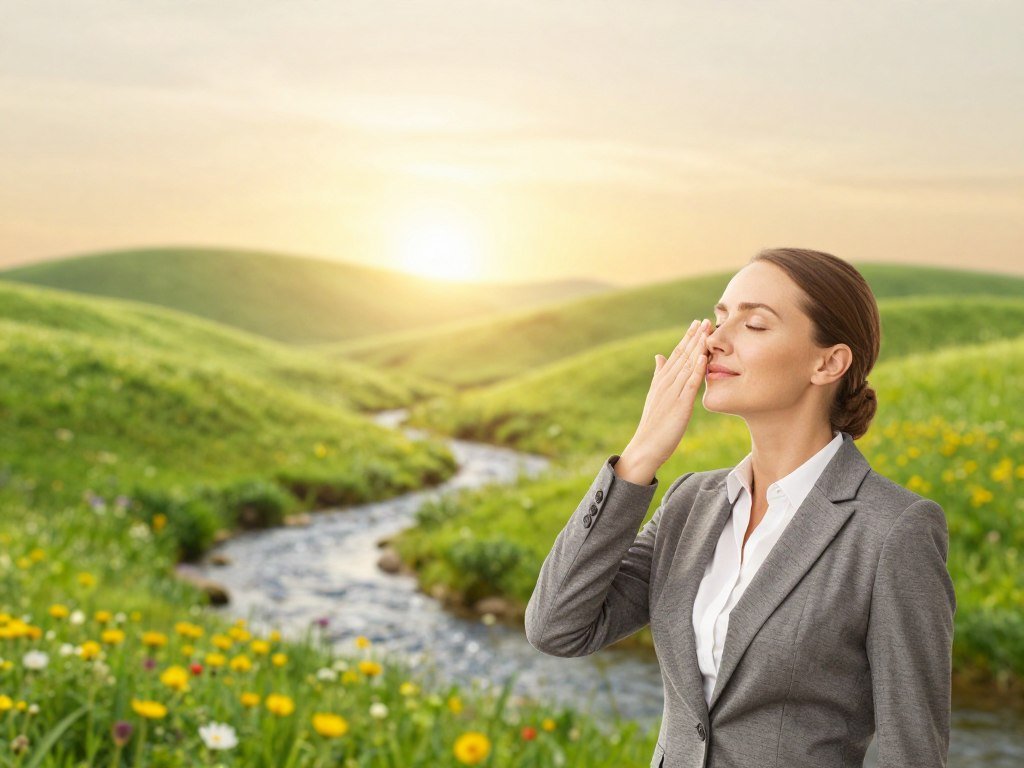A serene, balanced scene depicting hormone balance. In the foreground, a calm woman in professional business attire practices deep breathing, her expression peaceful. She's surrounded by soft, glowing light, symbolizing harmony. In the middle, a lush green landscape with gentle hills and vibrant flowers represents natural vitality and health. A beautiful outdoor setting includes a soft stream flowing through the scene, enhancing the sense of tranquility. In the background, a sunrise casts warm, golden light, symbolizing renewal and a fresh start. The atmosphere is peaceful and uplifting, with a focus on natural elements like plants and flowing water, aiming to evoke a sense of calm and balance, ideal for promoting stress management in hormone health. A serene, balanced scene depicting hormone balance. In the foreground, a calm woman in professional business attire practices deep breathing, her expression peaceful. She's surrounded by soft, glowing light, symbolizing harmony. In the middle, a lush green landscape with gentle hills and vibrant flowers represents natural vitality and health. A beautiful outdoor setting includes a soft stream flowing through the scene, enhancing the sense of tranquility. In the background, a sunrise casts warm, golden light, symbolizing renewal and a fresh start. The atmosphere is peaceful and uplifting, with a focus on natural elements like plants and flowing water, aiming to evoke a sense of calm and balance, ideal for promoting stress management in hormone health.