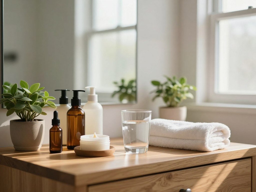 A serene bathroom scene showcasing a natural skincare routine for glowing skin. In the foreground, a wooden vanity adorned with various organic skincare products like oils, creams, and a small potted plant. A clear glass of water sits beside a soft, fluffy towel, exuding a clean and fresh atmosphere. The middle ground features a large mirror reflecting soft morning light, enhancing the inviting ambiance. In the background, the gentle glow of sunlight filters through frosted windows, casting warm shadows. The overall color palette consists of soft greens, earthy browns, and warm whites to evoke a sense of tranquility and wellness. The composition should feel harmonious and inspiring, inviting viewers to imagine their own healthy skincare rituals. A serene bathroom scene showcasing a natural skincare routine for glowing skin. In the foreground, a wooden vanity adorned with various organic skincare products like oils, creams, and a small potted plant. A clear glass of water sits beside a soft, fluffy towel, exuding a clean and fresh atmosphere. The middle ground features a large mirror reflecting soft morning light, enhancing the inviting ambiance. In the background, the gentle glow of sunlight filters through frosted windows, casting warm shadows. The overall color palette consists of soft greens, earthy browns, and warm whites to evoke a sense of tranquility and wellness. The composition should feel harmonious and inspiring, inviting viewers to imagine their own healthy skincare rituals.