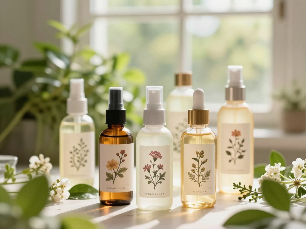 A serene, bright setting featuring an array of organic beauty products. In the foreground, focus on elegantly designed bottles of herbal facial mists made from natural ingredients, showcasing floral and herbal motifs on their labels. The middle ground includes soft, lush green plants and delicate flowers, hinting at the ingredients within the products. The background is slightly out of focus, displaying a gentle, sunlit window that casts warm, natural light across the scene, enhancing the colors of the products. Use a shallow depth of field to draw attention to the mists. The overall mood is calming and refreshing, conveying a sense of purity and mindfulness—ideal for promoting the benefits of organic beauty products for sensitive skin.