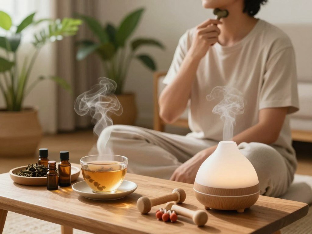 A serene, calming scene illustrating natural remedies for jaw tension. In the foreground, a neatly arranged wooden table displays a collection of soothing items: a small bowl of warm herbal tea, essential oils, a diffuser producing gentle steam, and a set of massage tools. In the middle ground, a person dressed in a relaxed, modest outfit sits cross-legged, using the massage tool on their jaw, exuding a sense of peace and tranquility. In the background, a softly-lit, lush plant-filled room bathes the scene in warm, natural light, creating an inviting and soothing atmosphere. The lens captures a slightly elevated angle, providing a clear view of both the person and the calming environment, emphasizing wellness and relaxation without any text or distractions.