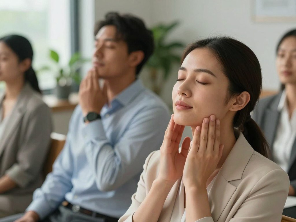 A serene close-up image of a diverse group of professionals, sitting comfortably in a softly lit, tranquil office environment, showcasing relaxation techniques for jaw tension relief. In the foreground, a woman in modest business attire gently massages her jaw with closed eyes, expressing calmness. In the middle ground, a man observes her and practices deep breathing, exuding a sense of tranquility. The background features soft colors, including greens and blues, with plants that symbolize growth and relaxation. Subtle golden lighting highlights the soothing atmosphere, creating an inviting and warm mood. The angle is slightly above eye-level to enhance the focus on the facial expressions and body language, reflecting the theme of stress relief and mindfulness.