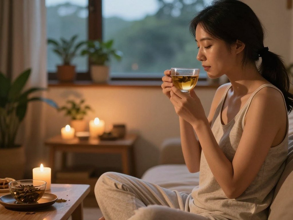 A serene evening setting capturing a calm, stress-free atmosphere. In the foreground, a woman wearing comfortable, modest loungewear is engaged in a relaxing ritual, perhaps sipping herbal tea. Her skin glows with a healthy radiance, reflecting an inner calm. In the middle ground, a softly lit room filled with plants, candles, and gentle decor creates a warm and inviting ambiance. The background shows a window with soft, diffuse twilight filtering through, casting a warm glow on the scene. The lighting is warm and gentle, creating a sense of tranquility and wellness. The angle is slightly elevated, emphasizing the peacefulness of this self-care moment, evoking feelings of relaxation and rejuvenation. A serene evening setting capturing a calm, stress-free atmosphere. In the foreground, a woman wearing comfortable, modest loungewear is engaged in a relaxing ritual, perhaps sipping herbal tea. Her skin glows with a healthy radiance, reflecting an inner calm. In the middle ground, a softly lit room filled with plants, candles, and gentle decor creates a warm and inviting ambiance. The background shows a window with soft, diffuse twilight filtering through, casting a warm glow on the scene. The lighting is warm and gentle, creating a sense of tranquility and wellness. The angle is slightly elevated, emphasizing the peacefulness of this self-care moment, evoking feelings of relaxation and rejuvenation.