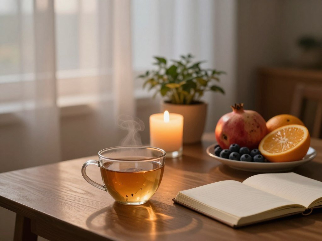 A serene evening setting depicting soothing gut rituals. In the foreground, a cozy wooden table holds a warm cup of herbal tea, an open journal, and a small bowl of colorful fruits like blueberries, pomegranates, and oranges, symbolizing digestive health. In the middle ground, a soft candle emits a gentle glow, casting flickering shadows, alongside a potted plant, adding a touch of nature and tranquility. The background features a softly illuminated window with sheer curtains, allowing the warm evening light to filter through, creating a peaceful ambiance. The atmosphere is calming and inviting, perfect for a mindful evening routine focused on digestion and skin care. The perspective is slightly elevated, capturing the cozy setup with a focus on the tea, fruits, and journal. A serene evening setting depicting soothing gut rituals. In the foreground, a cozy wooden table holds a warm cup of herbal tea, an open journal, and a small bowl of colorful fruits like blueberries, pomegranates, and oranges, symbolizing digestive health. In the middle ground, a soft candle emits a gentle glow, casting flickering shadows, alongside a potted plant, adding a touch of nature and tranquility. The background features a softly illuminated window with sheer curtains, allowing the warm evening light to filter through, creating a peaceful ambiance. The atmosphere is calming and inviting, perfect for a mindful evening routine focused on digestion and skin care. The perspective is slightly elevated, capturing the cozy setup with a focus on the tea, fruits, and journal.
