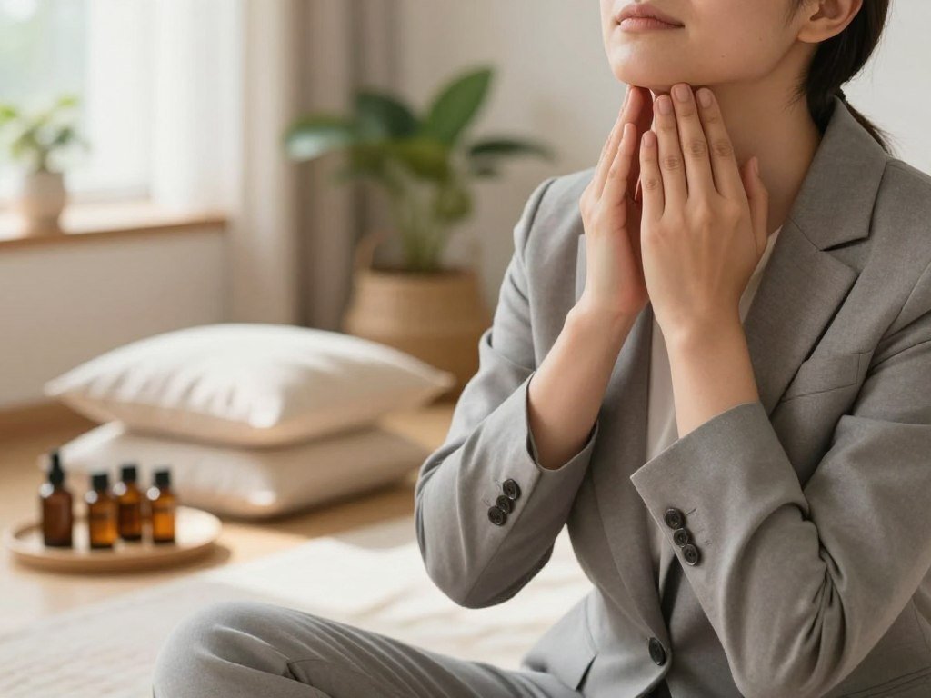 A serene indoor setting focused on a person in professional business attire seated comfortably in a gently lit room, practicing self-massage techniques to relieve jaw tension. The foreground features their hands gently massaging their jaw, highlighting the kneading motions and the relaxed expression on their face. In the middle ground, a calming array of soft pillows and essential oils evokes a sense of tranquility. The background showcases a peaceful environment with plants and warm, natural light streaming through a window, creating an inviting atmosphere. The overall mood is one of calm and relaxation, encouraging mindfulness and self-care, captured with a soft focus lens to enhance the soothing vibe of the scene.