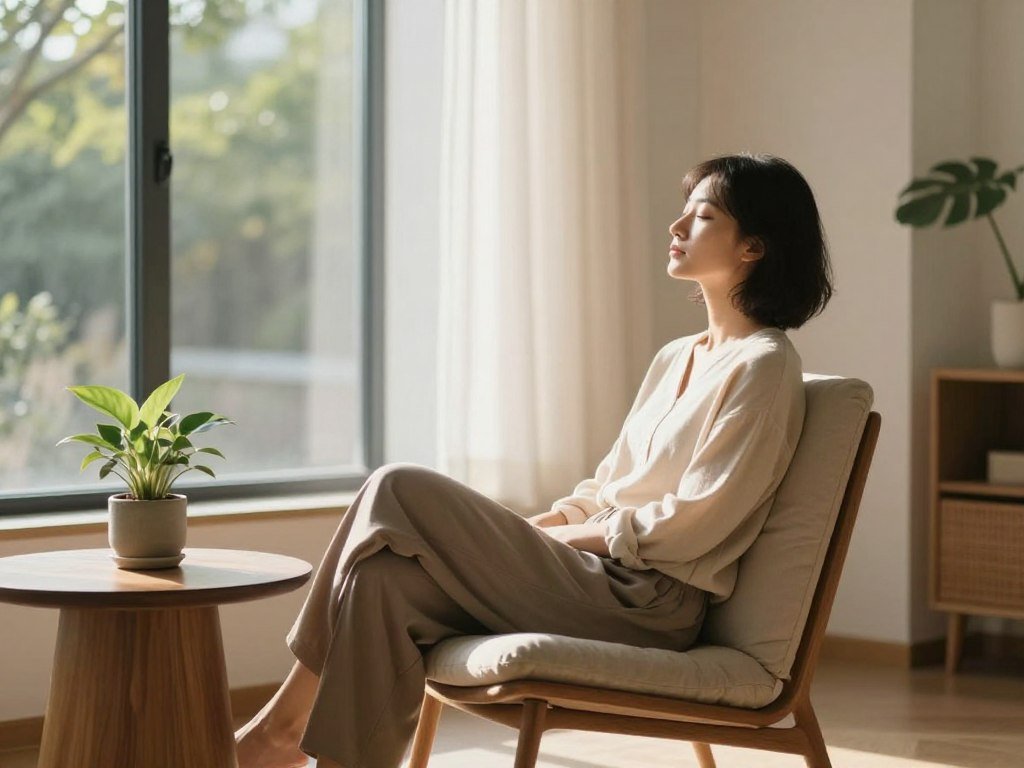 A serene indoor space bathed in warm, natural sunlight streaming through large windows. In the foreground, a sleek, modern chair with a soft cushion invites relaxation. To the side, a wooden table displays a small potted plant, symbolizing life and growth. In the middle ground, a person in elegant, modest casual attire is seated in the chair, eyes closed and face turned towards the sunlight, embodying tranquility and mindfulness. The background features soft drapes that gently sway with a breeze, enhancing the atmosphere of calm and harmony. The lighting is soft and inviting, creating a warm and peaceful ambiance. Capture this moment with a shallow depth of field, allowing the soft glow of sunlight to illuminate the space, evoking a sense of balance and well-being. A serene indoor space bathed in warm, natural sunlight streaming through large windows. In the foreground, a sleek, modern chair with a soft cushion invites relaxation. To the side, a wooden table displays a small potted plant, symbolizing life and growth. In the middle ground, a person in elegant, modest casual attire is seated in the chair, eyes closed and face turned towards the sunlight, embodying tranquility and mindfulness. The background features soft drapes that gently sway with a breeze, enhancing the atmosphere of calm and harmony. The lighting is soft and inviting, creating a warm and peaceful ambiance. Capture this moment with a shallow depth of field, allowing the soft glow of sunlight to illuminate the space, evoking a sense of balance and well-being.