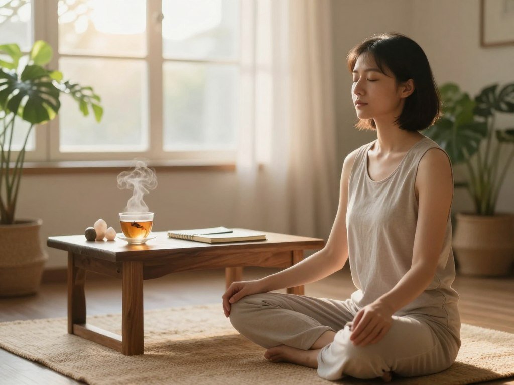 A serene morning scene capturing the essence of self-care practices focused on breathwork and meditation. In the foreground, a peaceful individual in comfortable, modest yoga attire sits cross-legged on a soft, natural fiber mat, eyes gently closed, embodying tranquility. The middle ground features a small wooden table adorned with a steaming cup of herbal tea, a journal, and a few delicate crystals, symbolizing mindfulness. In the background, a sunlit window reveals gentle, flowing curtains, inviting the soft golden glow of early morning light into the room. The atmosphere feels calming and rejuvenating, with lush green plants adding a touch of nature. The lens captures this moment with a shallow depth of field, emphasizing the individual’s serenity while softly blurring the surroundings, conveying a sense of peaceful isolation in the morning ritual. A serene morning scene capturing the essence of self-care practices focused on breathwork and meditation. In the foreground, a peaceful individual in comfortable, modest yoga attire sits cross-legged on a soft, natural fiber mat, eyes gently closed, embodying tranquility. The middle ground features a small wooden table adorned with a steaming cup of herbal tea, a journal, and a few delicate crystals, symbolizing mindfulness. In the background, a sunlit window reveals gentle, flowing curtains, inviting the soft golden glow of early morning light into the room. The atmosphere feels calming and rejuvenating, with lush green plants adding a touch of nature. The lens captures this moment with a shallow depth of field, emphasizing the individual’s serenity while softly blurring the surroundings, conveying a sense of peaceful isolation in the morning ritual.