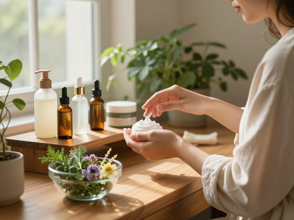 A serene morning scene depicting a natural skincare routine, featuring a wooden vanity topped with organic skincare products such as lotions, serums, and essential oils. In the foreground, a clear glass bowl filled with fresh herbs and flowers adds a touch of nature. The middle layer showcases a hand applying a gentle cream, wearing a modest, casual outfit to embody a relaxed and wholesome approach. Soft, diffused morning light streams through a nearby window, creating a warm and inviting atmosphere. The background features lush green plants and a hint of a calming, neutral-toned wall, emphasizing a connection to nature and health. The overall mood is tranquil and rejuvenating, reflecting the peaceful start of a morning ritual aimed at avoiding endocrine disruptors. A serene morning scene depicting a natural skincare routine, featuring a wooden vanity topped with organic skincare products such as lotions, serums, and essential oils. In the foreground, a clear glass bowl filled with fresh herbs and flowers adds a touch of nature. The middle layer showcases a hand applying a gentle cream, wearing a modest, casual outfit to embody a relaxed and wholesome approach. Soft, diffused morning light streams through a nearby window, creating a warm and inviting atmosphere. The background features lush green plants and a hint of a calming, neutral-toned wall, emphasizing a connection to nature and health. The overall mood is tranquil and rejuvenating, reflecting the peaceful start of a morning ritual aimed at avoiding endocrine disruptors.