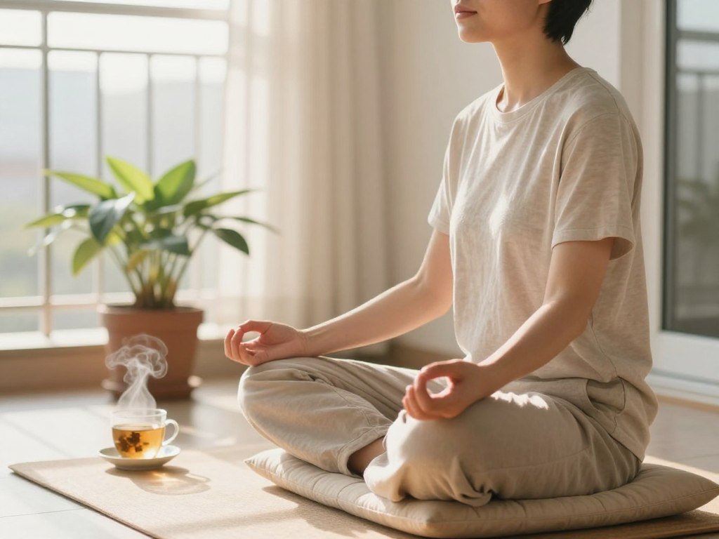 A serene morning scene depicting a person practicing mindfulness breathing exercises on a sunlit balcony. In the foreground, a young adult in comfortable, modest casual attire sits cross-legged on a soft cushion, hands resting gently on their knees in a meditative pose. The middle ground includes a potted plant and a steaming cup of herbal tea, adding a cozy atmosphere. The background showcases soft sunlight filtering through sheer curtains, illuminating the space and creating a warm glow. The angle captures the person in profile, with an emphasis on their calm expression and relaxed posture. Overall, the mood is peaceful and inviting, encouraging a sense of harmony and mindfulness. A serene morning scene depicting a person practicing mindfulness breathing exercises on a sunlit balcony. In the foreground, a young adult in comfortable, modest casual attire sits cross-legged on a soft cushion, hands resting gently on their knees in a meditative pose. The middle ground includes a potted plant and a steaming cup of herbal tea, adding a cozy atmosphere. The background showcases soft sunlight filtering through sheer curtains, illuminating the space and creating a warm glow. The angle captures the person in profile, with an emphasis on their calm expression and relaxed posture. Overall, the mood is peaceful and inviting, encouraging a sense of harmony and mindfulness.