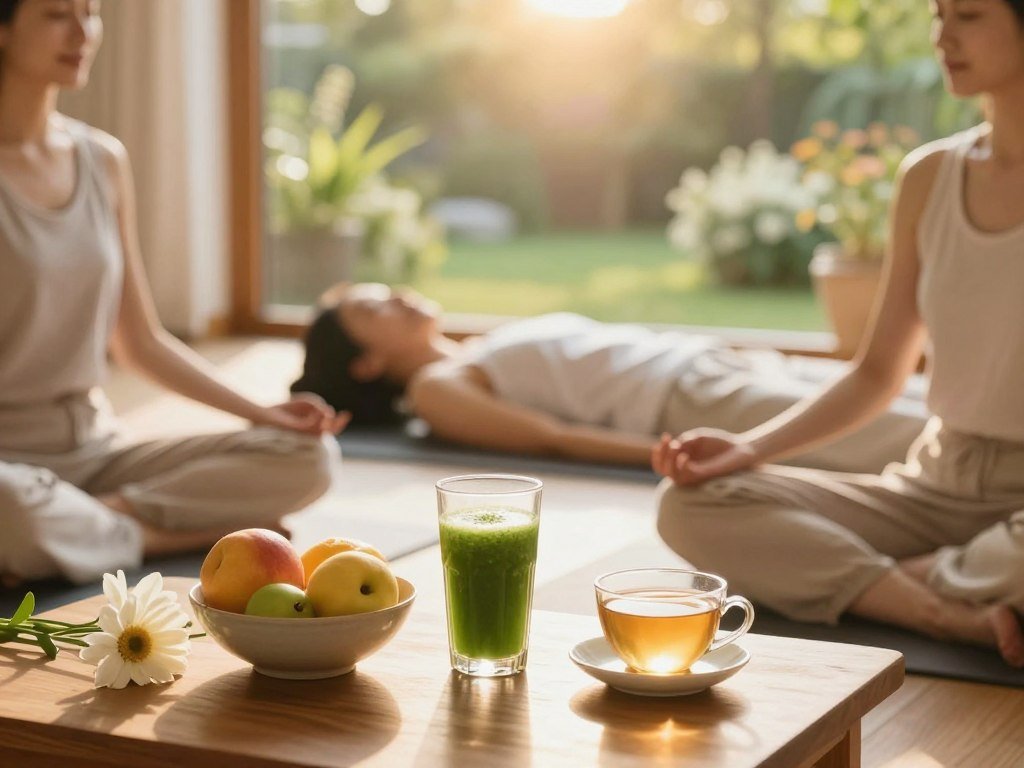 A serene morning scene depicting three gentle rituals for glowing skin and energy. In the foreground, a warm, sunlit wooden table displays a delicate bowl of fresh fruits, a glass of vibrant green detox smoothie, and a serene cup of herbal tea, surrounded by fragrant flowers. In the middle, a person dressed in soft, modest loungewear is practicing gentle yoga poses, radiating tranquility and mindfulness. Their skin glows softly in the warm morning light, suggesting vitality. In the background, a peaceful window reveals a lush garden bathed in golden sunlight, enhancing the uplifting atmosphere. The scene captures a harmonious blend of wellness and nature, with soft focus and a light, airy feel, inviting viewers into a tranquil morning ritual for self-care.