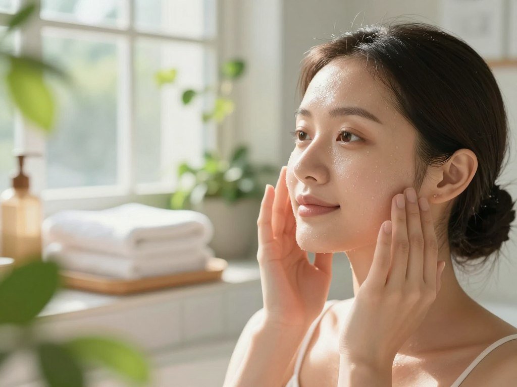A serene morning scene featuring a woman gently applying a hydrating facial mist, her skin glowing with vitality. In the foreground, focus on her radiant face with dewy skin, framed by fresh greenery that symbolizes vibrancy. The middle layer showcases a sunlit bathroom filled with natural elements like bamboo and soft towels, lending an organic feel. The background is softly blurred to reveal a window with light streaming through, creating a warm, inviting atmosphere. The image captures the essence of freshness and rejuvenation, with a soft-focus lens effect emphasizing the glowing skin. The lighting is bright and warm, evoking the tranquil energy of a new day.