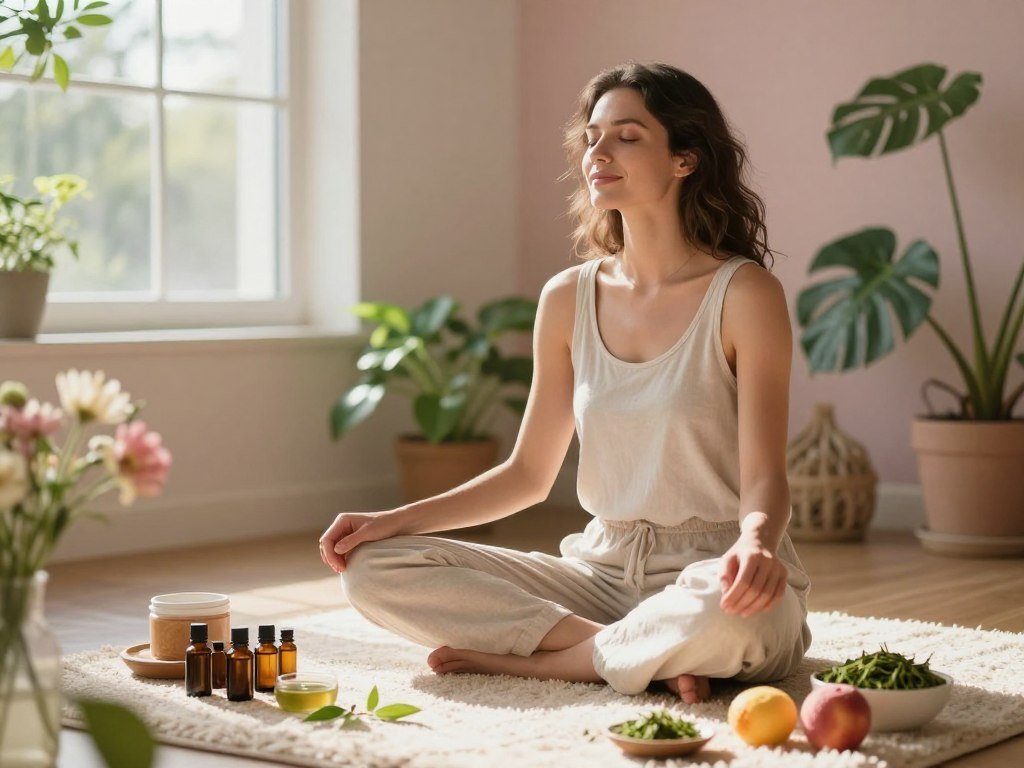 A serene morning setting with a woman in modest casual clothing, sitting cross-legged on a soft rug adorned with natural products like essential oils, organic fruits, and green tea. Sunlight filters through a window, casting a warm glow that highlights her radiant skin. Her expression is calm and peaceful, embodying the essence of energy and vitality. In the foreground, include fresh flowers and lush plants that enhance the feeling of natural beauty. In the background, have soft pastel-colored walls with a touch of nature visible through the window, creating a tranquil atmosphere. The composition should evoke a sense of rejuvenation and harmony, with soft focus for a dreamy effect. Aim for soft yet vibrant colors to emphasize the theme of natural beauty and energy.
