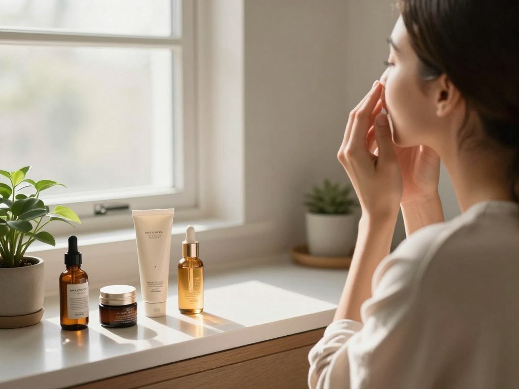 A serene morning skincare routine set in a beautifully organized bathroom. In the foreground, a woman in modest casual clothing gently applies a hydrating serum to her face, with a content expression reflecting her commitment to self-care. In the middle, a clean countertop displays elegant skincare products, including a moisturizer, eye cream, and brightening serum, arranged harmoniously next to a small potted plant. The background features soft, natural light streaming through a frosted window, casting a warm glow throughout the space. The atmosphere is calm and inviting, encouraging mindfulness and energy for the day ahead, captured from a slightly elevated angle to include the countertop items and the woman’s reflection in a mirror.