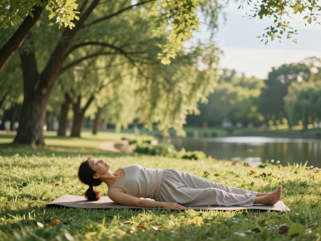 A serene outdoor scene depicting a middle-aged woman practicing gentle restorative movement in a tranquil park. She wears modest, comfortable clothing – a light yoga top and flowing pants. In the foreground, she is seen performing a calming stretch on a soft yoga mat, focusing on her breath, embodying peace and mindful awareness. The middle ground features lush green trees softly swaying in a gentle breeze, with dappled sunlight filtering through the leaves, creating a warm, inviting atmosphere. In the background, a soft-focus view of a tranquil pond reflects the blue sky. The overall lighting is soft and diffuse, reminiscent of early morning or late afternoon, emphasizing the mood of calmness and rejuvenation. Capture the image from a slightly elevated angle to include both the subject and the natural surroundings harmoniously. A serene outdoor scene depicting a middle-aged woman practicing gentle restorative movement in a tranquil park. She wears modest, comfortable clothing – a light yoga top and flowing pants. In the foreground, she is seen performing a calming stretch on a soft yoga mat, focusing on her breath, embodying peace and mindful awareness. The middle ground features lush green trees softly swaying in a gentle breeze, with dappled sunlight filtering through the leaves, creating a warm, inviting atmosphere. In the background, a soft-focus view of a tranquil pond reflects the blue sky. The overall lighting is soft and diffuse, reminiscent of early morning or late afternoon, emphasizing the mood of calmness and rejuvenation. Capture the image from a slightly elevated angle to include both the subject and the natural surroundings harmoniously.