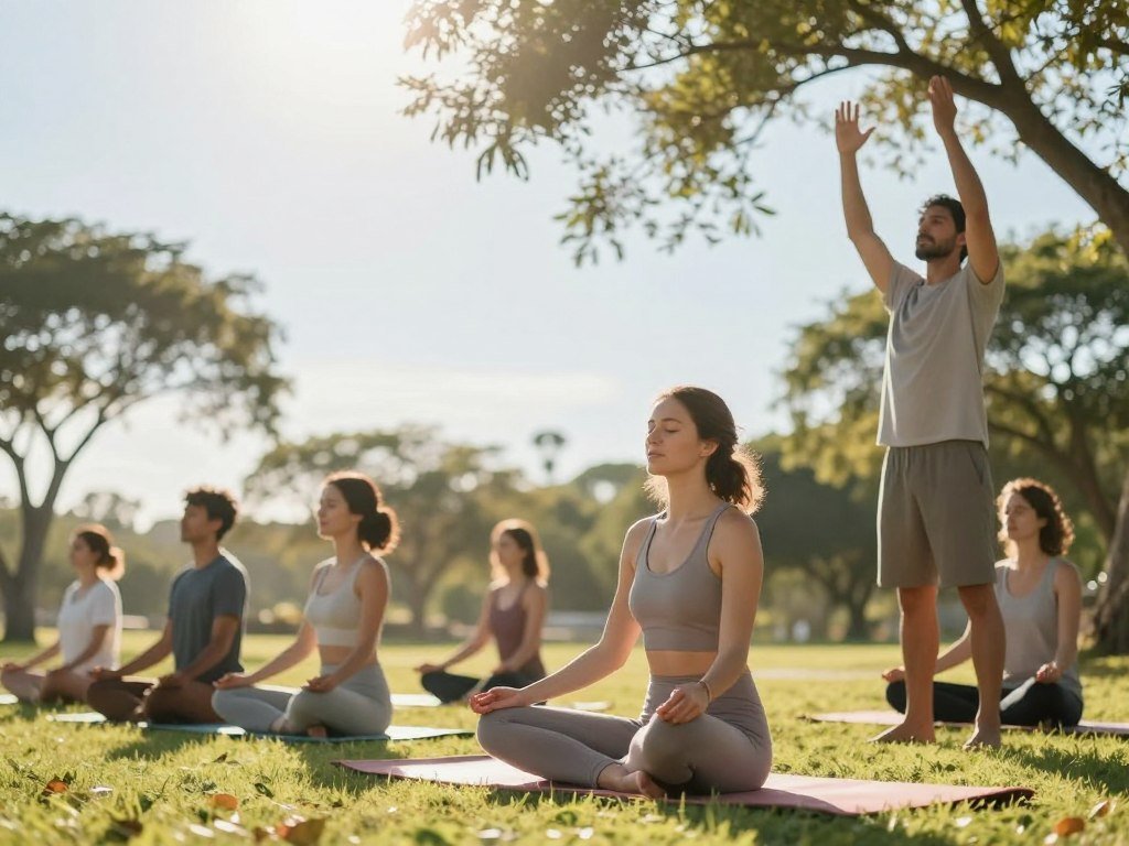 A serene outdoor setting featuring a diverse group of individuals engaging in sunlight breathwork. In the foreground, a woman in comfortable, modest athletic attire sits cross-legged on a yoga mat, eyes closed, embodying tranquility. Beside her, a man stands with arms raised towards the sun, promoting a sense of freedom and connection with nature. In the middle ground, gentle trees and soft grass create a calming environment, while the sunlight filters through the leaves, casting dappled shadows. In the background, a clear blue sky enhances the peaceful atmosphere. The image is illuminated by warm, natural lighting, capturing the essence of mindfulness and stress relief. Use a soft focus lens to evoke a soothing mood without any text or overlays. A serene outdoor setting featuring a diverse group of individuals engaging in sunlight breathwork. In the foreground, a woman in comfortable, modest athletic attire sits cross-legged on a yoga mat, eyes closed, embodying tranquility. Beside her, a man stands with arms raised towards the sun, promoting a sense of freedom and connection with nature. In the middle ground, gentle trees and soft grass create a calming environment, while the sunlight filters through the leaves, casting dappled shadows. In the background, a clear blue sky enhances the peaceful atmosphere. The image is illuminated by warm, natural lighting, capturing the essence of mindfulness and stress relief. Use a soft focus lens to evoke a soothing mood without any text or overlays.