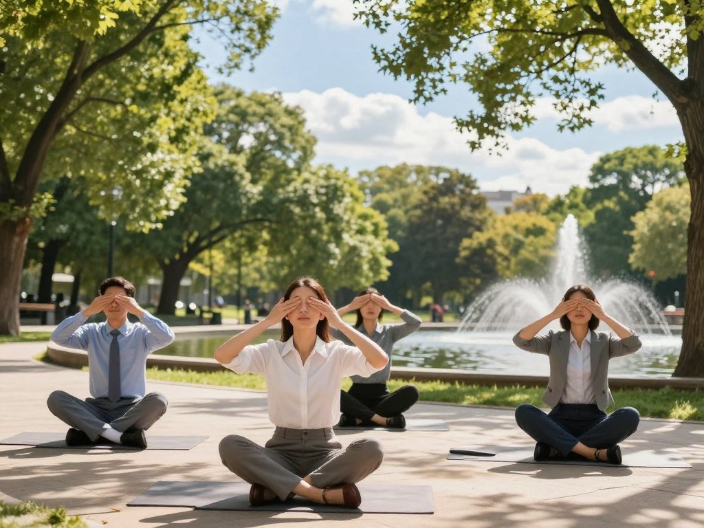 A serene scene depicting stress relief techniques suitable for busy professionals. In the foreground, a diverse group of three professionals (one man and two women) practicing breathwork outdoors, dressed in smart casual attire, embodying relaxation and focus. The middle ground features a peaceful park setting with dappled sunlight filtering through lush green trees, creating a warm and inviting atmosphere. In the background, a calm water fountain adds gentle sound, while soft clouds drift in a clear blue sky. The overall mood is tranquil and uplifting, with natural light casting soft shadows. Shot from a slightly elevated angle to capture the harmony between the professionals and their serene environment, enhancing the sense of calm and well-being. A serene scene depicting stress relief techniques suitable for busy professionals. In the foreground, a diverse group of three professionals (one man and two women) practicing breathwork outdoors, dressed in smart casual attire, embodying relaxation and focus. The middle ground features a peaceful park setting with dappled sunlight filtering through lush green trees, creating a warm and inviting atmosphere. In the background, a calm water fountain adds gentle sound, while soft clouds drift in a clear blue sky. The overall mood is tranquil and uplifting, with natural light casting soft shadows. Shot from a slightly elevated angle to capture the harmony between the professionals and their serene environment, enhancing the sense of calm and well-being.