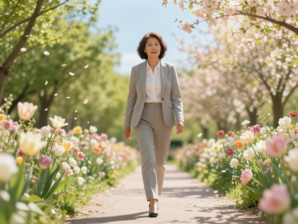 A serene scene displaying harmony and tranquility, focusing on a middle-aged woman in professional business attire, gently stepping forward on a sunlit path lined with blooming flowers, symbolizing the journey toward hormone balance. In the foreground, she exudes confidence and calmness, surrounded by soft, pastel colors. The middle ground features vibrant green foliage and delicate petals swaying in a gentle breeze, while the background showcases a clear, blue sky with warm sunlight filtering through the trees, creating a peaceful atmosphere. The image is captured in natural lighting, with a soft focus to evoke a sense of warmth and nurturing energy, reflecting the theme of perimenopause glow and wellness. A serene scene displaying harmony and tranquility, focusing on a middle-aged woman in professional business attire, gently stepping forward on a sunlit path lined with blooming flowers, symbolizing the journey toward hormone balance. In the foreground, she exudes confidence and calmness, surrounded by soft, pastel colors. The middle ground features vibrant green foliage and delicate petals swaying in a gentle breeze, while the background showcases a clear, blue sky with warm sunlight filtering through the trees, creating a peaceful atmosphere. The image is captured in natural lighting, with a soft focus to evoke a sense of warmth and nurturing energy, reflecting the theme of perimenopause glow and wellness.
