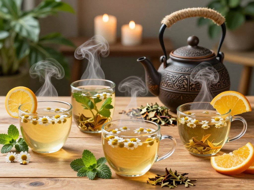 A serene scene featuring a selection of herbal teas designed to soothe digestion, elegantly arranged on a wooden table. In the foreground, there are clear glass cups filled with steaming herbal infusions, showcasing vibrant colors from chamomile, peppermint, and ginger leaves. Garnishes of fresh herbs and citrus slices adorn the cups. In the middle, a rustic teapot with an intricate design spills hot water over dried herbs, releasing wisps of steam. The background is softly blurred, revealing cozy candlelight and lush green plants, creating a tranquil, inviting atmosphere. The lighting is warm and soft, reminiscent of a peaceful evening, enhancing the calming vibe of the setting. Shot from a slightly elevated angle to capture all the elements harmoniously. A serene scene featuring a selection of herbal teas designed to soothe digestion, elegantly arranged on a wooden table. In the foreground, there are clear glass cups filled with steaming herbal infusions, showcasing vibrant colors from chamomile, peppermint, and ginger leaves. Garnishes of fresh herbs and citrus slices adorn the cups. In the middle, a rustic teapot with an intricate design spills hot water over dried herbs, releasing wisps of steam. The background is softly blurred, revealing cozy candlelight and lush green plants, creating a tranquil, inviting atmosphere. The lighting is warm and soft, reminiscent of a peaceful evening, enhancing the calming vibe of the setting. Shot from a slightly elevated angle to capture all the elements harmoniously.