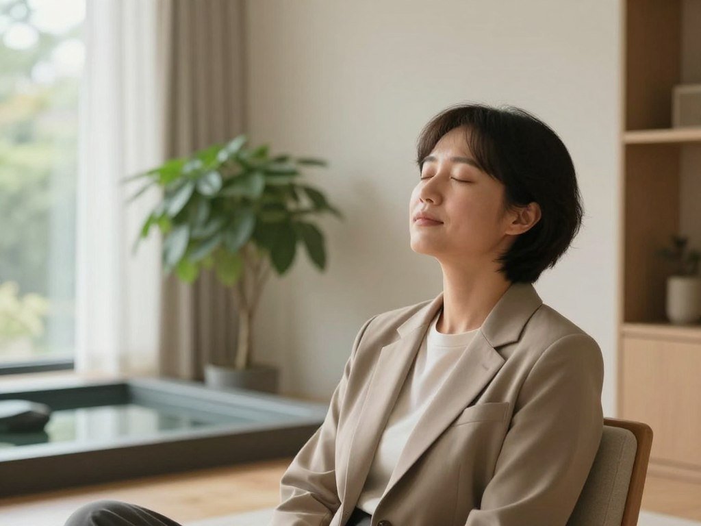 A serene scene showcasing a calm person in a relaxed state, sitting in a softly lit, minimalist room. The foreground features the individual, a person in professional casual attire, eyes closed, with gentle facial expressions, suggesting tranquility and ease. The middle ground includes a few elements like a lush green plant and a small, tranquil water feature that enhances the calming ambiance. In the background, large windows allow natural light to bathe the room in a warm, inviting glow, filtering through sheer curtains. The atmosphere is serene and peaceful, evoking a sense of relaxation and relief from tension. The overall color palette is soft and muted, with hints of earth tones, emphasizing a soothing environment conducive to easing jaw tension.