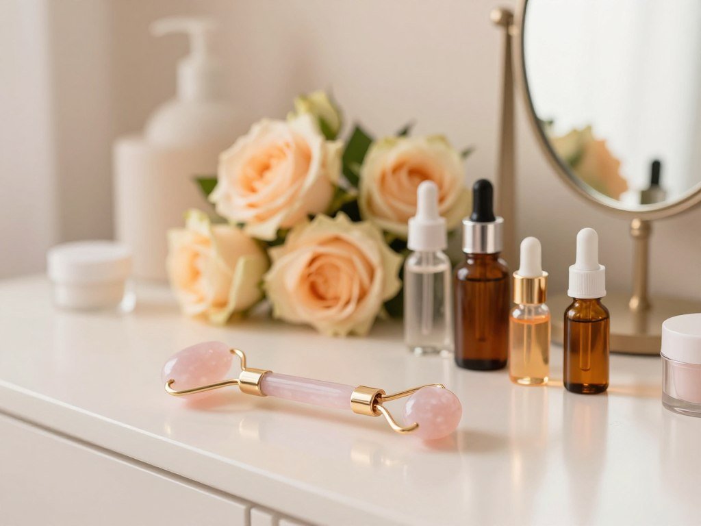 A serene, softly lit vanity table centered in the foreground features a delicate rose quartz roller resting elegantly beside a variety of vibrant serum vials and oil bottles. The roller reflects gentle light, emphasizing its smooth texture. In the middle ground, a beautifully arranged bouquet of fresh roses adds a touch of nature, while a small mirror subtly captures the scene’s elegant ambiance. The background is softly blurred, highlighting a light pastel color palette that conveys a calming atmosphere. The lighting is warm and inviting, creating a cozy glow that enhances the luxurious feel. Capture this arrangement from a slightly elevated angle to showcase the beauty of the serums, oils, and roller, evoking a sense of indulgent self-care and wellness.