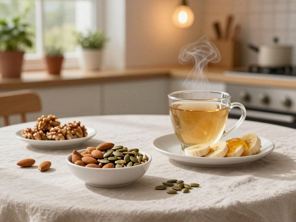 A serene table setting featuring an assortment of sleep-inducing snacks designed to promote relaxation and skin glow. In the foreground, a white ceramic bowl filled with almonds, walnuts, and pumpkin seeds. Beside it, a glass of warm chamomile tea with steam rising, and a small plate of sliced bananas drizzled with honey. In the middle, a softly textured linen tablecloth in muted pastel tones, enhancing natural warmth. The background displays a softly lit cozy kitchen nook with potted herbs on a windowsill, casting gentle shadows. The scene is illuminated by the warm glow of pendant lighting, creating an inviting and tranquil atmosphere perfect for evening relaxation. Shot with a soft focus lens to evoke calmness and comfort.