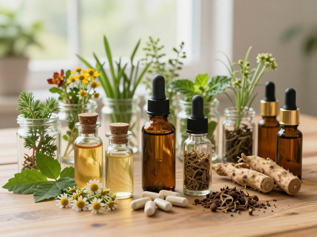 A serene wooden table laden with a variety of natural supplements and herbal remedies, including calming chamomile, revitalizing ashwagandha, and hormone-balancing maca root. In the foreground, vibrant bottles filled with herbal tinctures and soft green leaves create a tranquil atmosphere. The middle ground features an assortment of colorful, fresh herbs in delicate glass jars, interspersed with gentle essential oil droppers. In the background, soft, diffused natural light filters through a window, illuminating the scene with a warm glow. The overall mood is one of peace and nurturing, evoking a sense of wellness and holistic health. The image captures harmony and balance, suitable for a wellness-focused context, with no human subjects present. A serene wooden table laden with a variety of natural supplements and herbal remedies, including calming chamomile, revitalizing ashwagandha, and hormone-balancing maca root. In the foreground, vibrant bottles filled with herbal tinctures and soft green leaves create a tranquil atmosphere. The middle ground features an assortment of colorful, fresh herbs in delicate glass jars, interspersed with gentle essential oil droppers. In the background, soft, diffused natural light filters through a window, illuminating the scene with a warm glow. The overall mood is one of peace and nurturing, evoking a sense of wellness and holistic health. The image captures harmony and balance, suitable for a wellness-focused context, with no human subjects present.