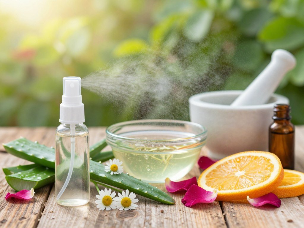 Vibrant and refreshing arrangement of natural ingredients for herbal facial mists, featuring fresh aloe vera leaves, delicate chamomile flowers, rejuvenating rose petals, and zesty citrus slices, artfully displayed on a rustic wooden surface. The foreground showcases a crystal-clear spray bottle, gently misting the ambiance. In the middle, a soft-focus glass bowl filled with dewy herbal extracts rests beside a mortar and pestle, with scattered essential oil drops creating a sense of tranquility. The background is softly blurred, hinting at a lush garden filled with green foliage and soft sunlight filtering through leaves, casting a warm glow. The scene evokes a calming, rejuvenating atmosphere, perfect for promoting herbal skincare. Natural, soft lighting enhances the freshness of the ingredients.